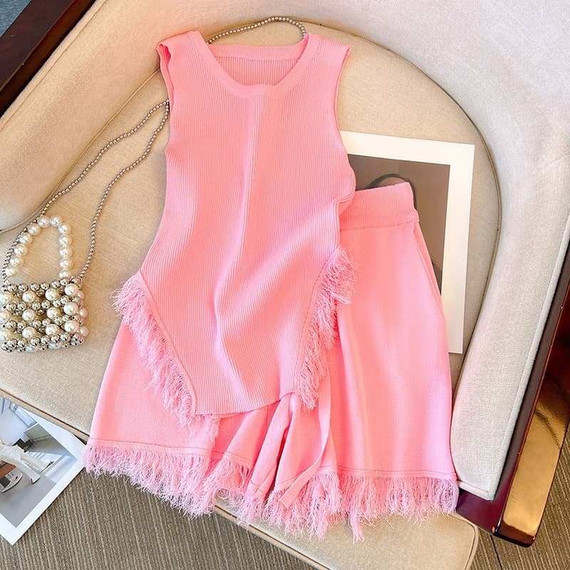 French Sweet Spicy Style Top Set for Women Pink Fringe Knit Crop Tank Top + High-Waist Wide-Leg Casual Shorts