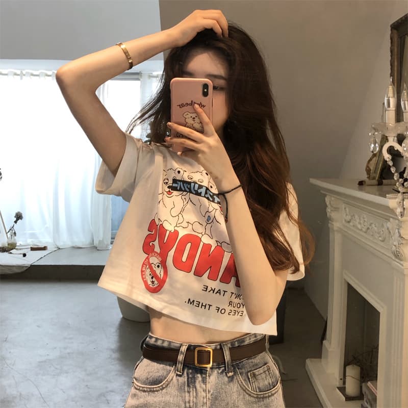 Cross-border Foreign Trade Women's 2021 Summer New Crop Top Female Student Belly Printed Short-sleeved T-shirt Ins Trendy