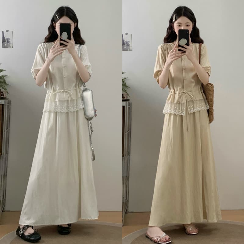 Real Shot French Lace Trim Waist-Cinching Top and Skirt Two-Piece Set for Women Summer Plus Size Flattering Outfit