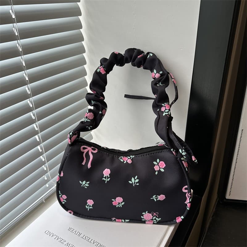 2026 Spring New Cute Floral Shoulder Bag Korean Style Chic Underarm Bag Korean Style Retro Textured Handbag