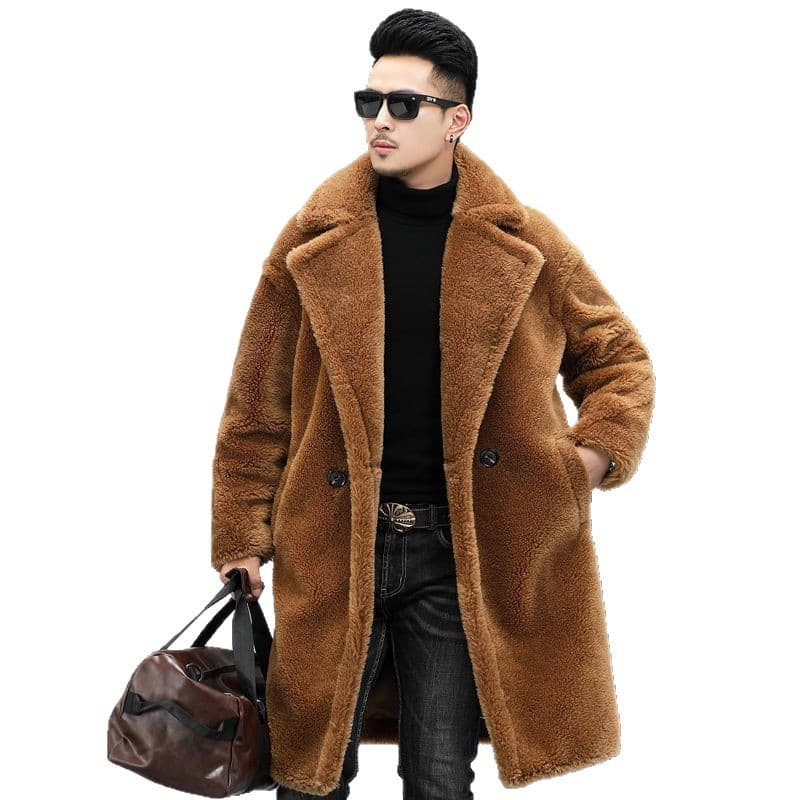 Warm Winter Men's Leather Jacket 2024 New Style Sheep Shearling Long Alpaca Wool Coat Men's Fur Trench Outerwear