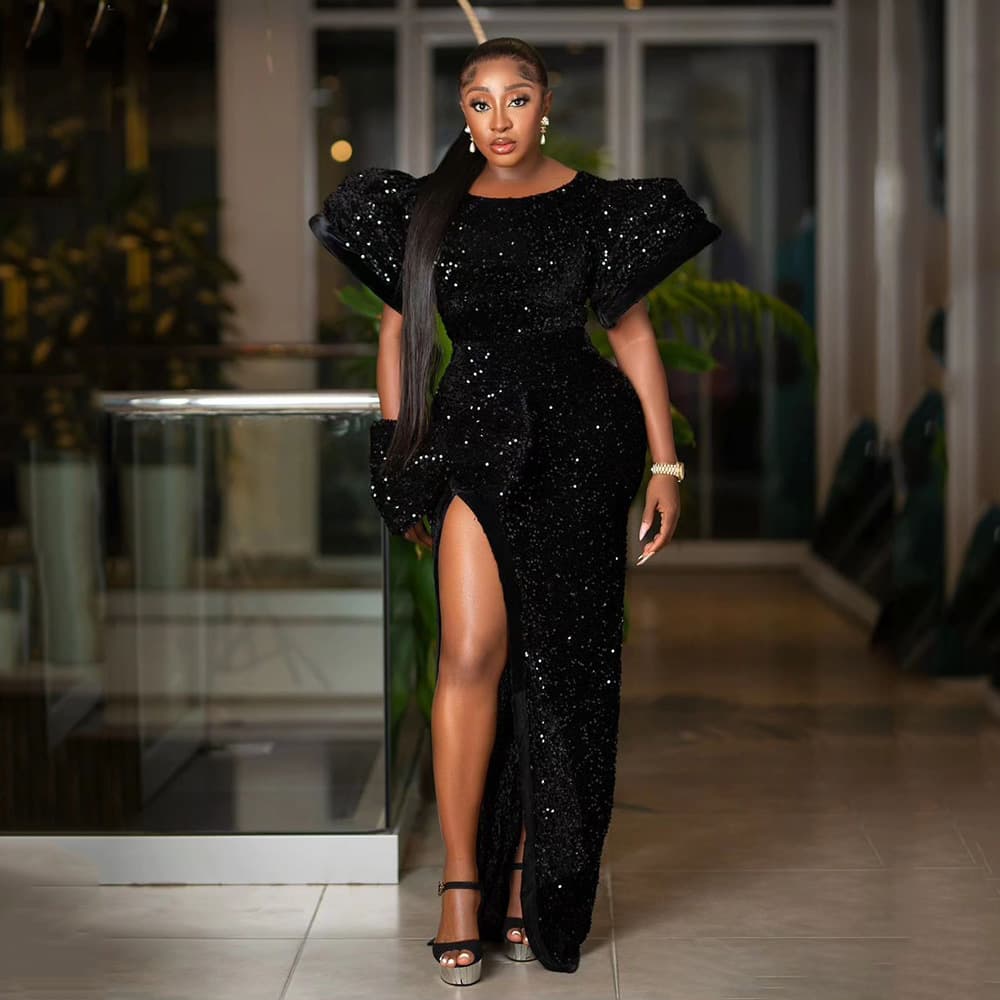 New Foreign Trade Dress European and American Evening Gown Black Sequin Mermaid Dress High Slit Puff Sleeve Long Dress