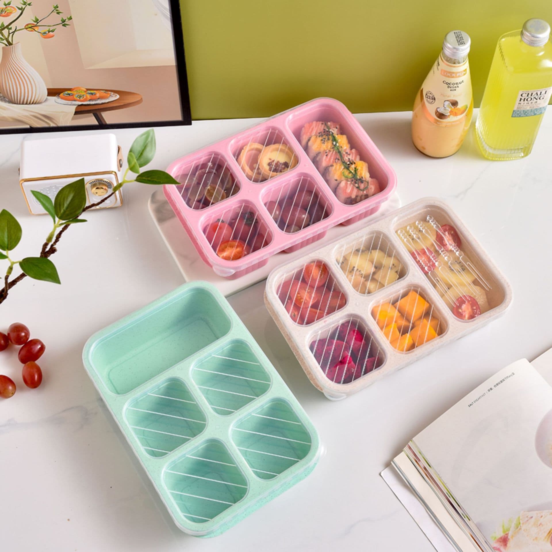 Cross-border wheat straw lunch box Japanese-style five-compartment lunch box with lid and compartments lunch box without odor, lunch box can be printed with LOGO