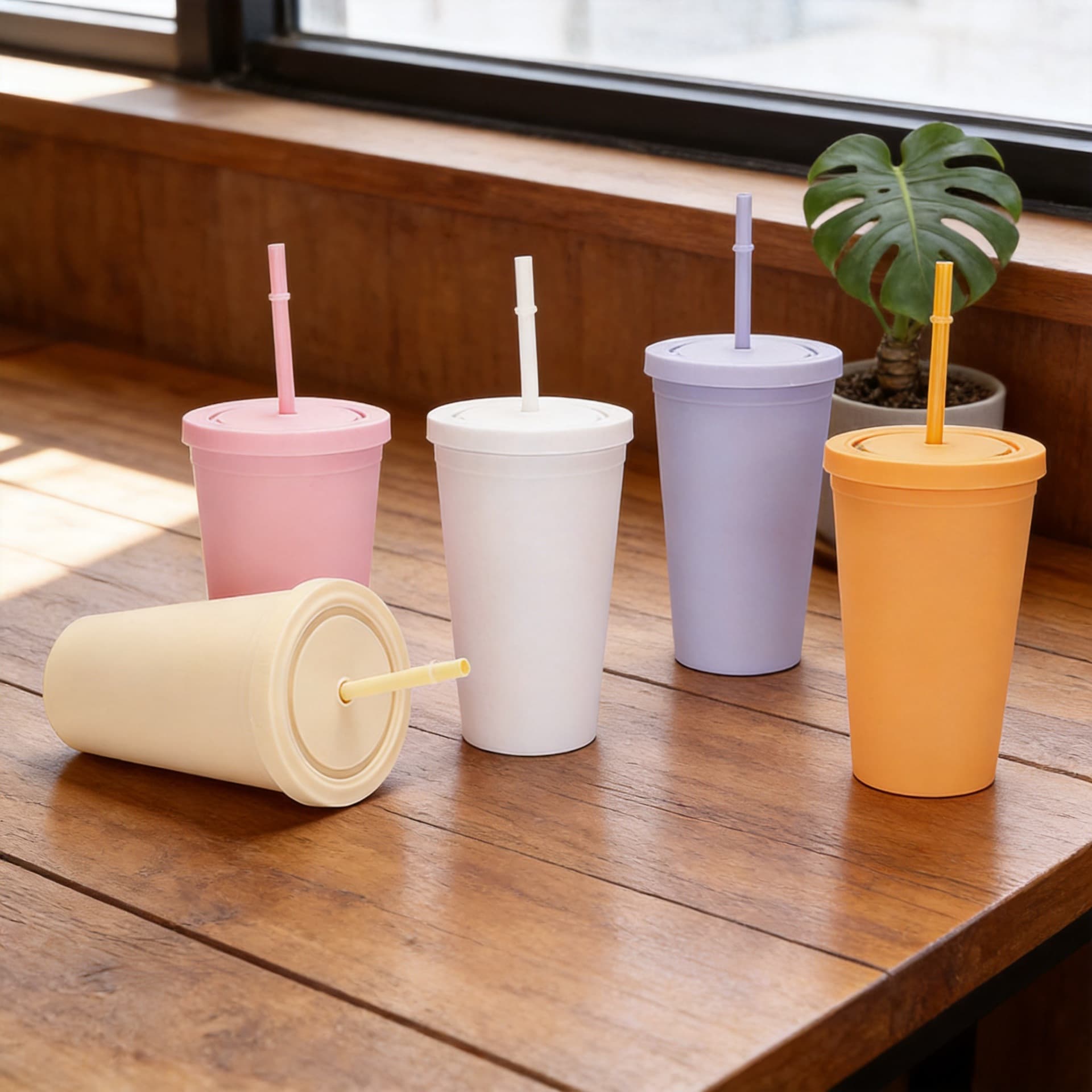 Portable Double Layered Summer 16oz Plastic Cup with Rubber Painted Straw Car Mounted Matte Finish Water Cup Customizable Logo
