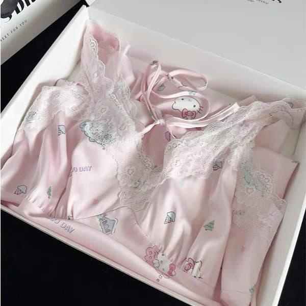 French Pure Desire Style Pink Hello Kitty Pajamas for Women Summer Lace Trim Camisole Dress Sleepwear Nightgown