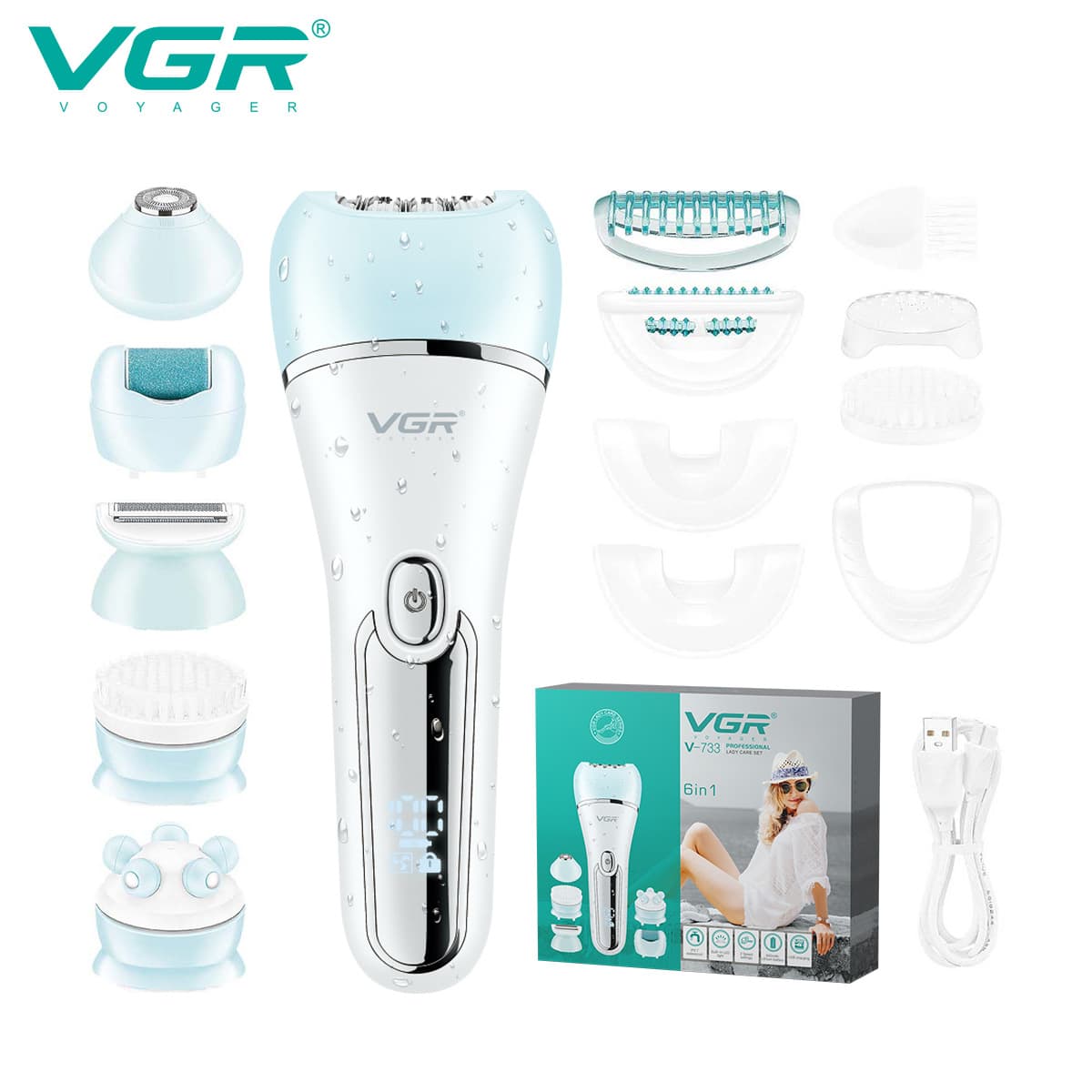 VGR733 New IPX7 Waterproof Washable Electric Epilator Face Wash Six-in-One Women's Hair Removal Kit