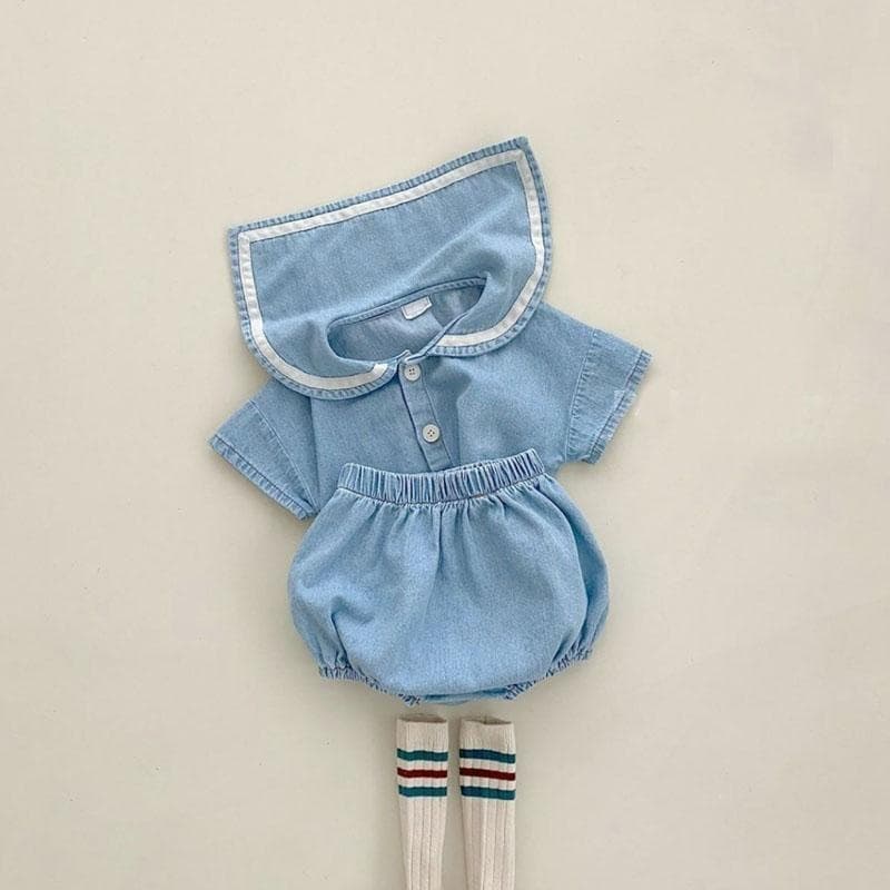 Korean Style Ins Kids Baby Infant Toddler Collar Two-Piece Set Summer Denim Soft Baby Doll Collar Baby Romper Set
