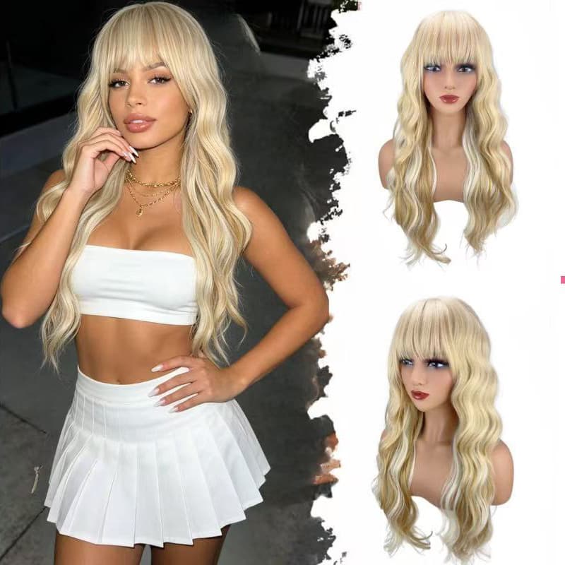 Amazon Hot Selling Long Curly Wig Platinum Blonde with Bangs European and American Big Waves Fluffy High Temperature Fiber