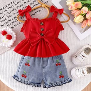 2026 Summer Baby Toddler Strappy Bow Top with Cherry Embroidery and Ruffle Hem Denim Shorts Two-Piece Set