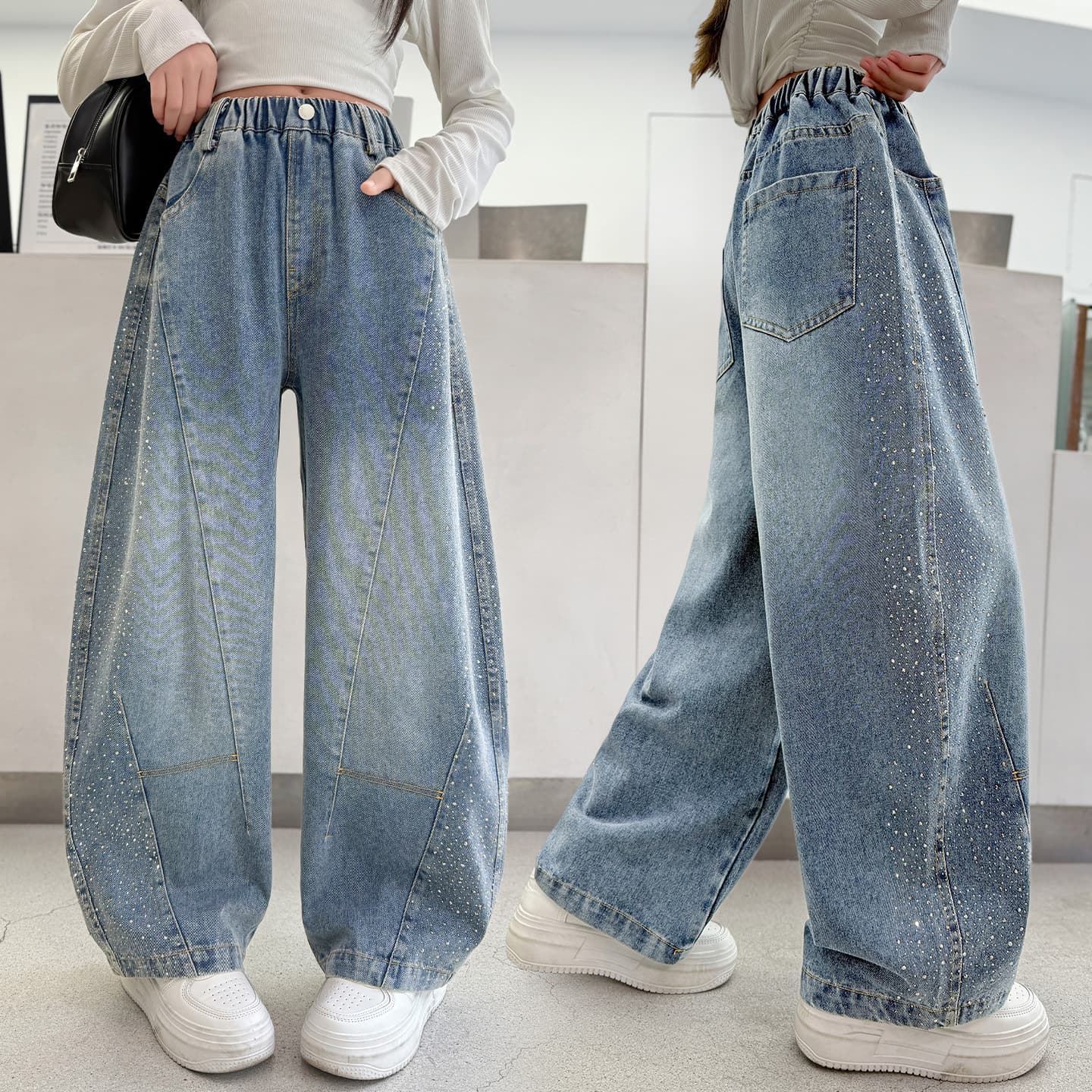 Girls' spring and summer jeans 2026 new style girls' trendy hot diamond loose scimitar pants for big children casual pants