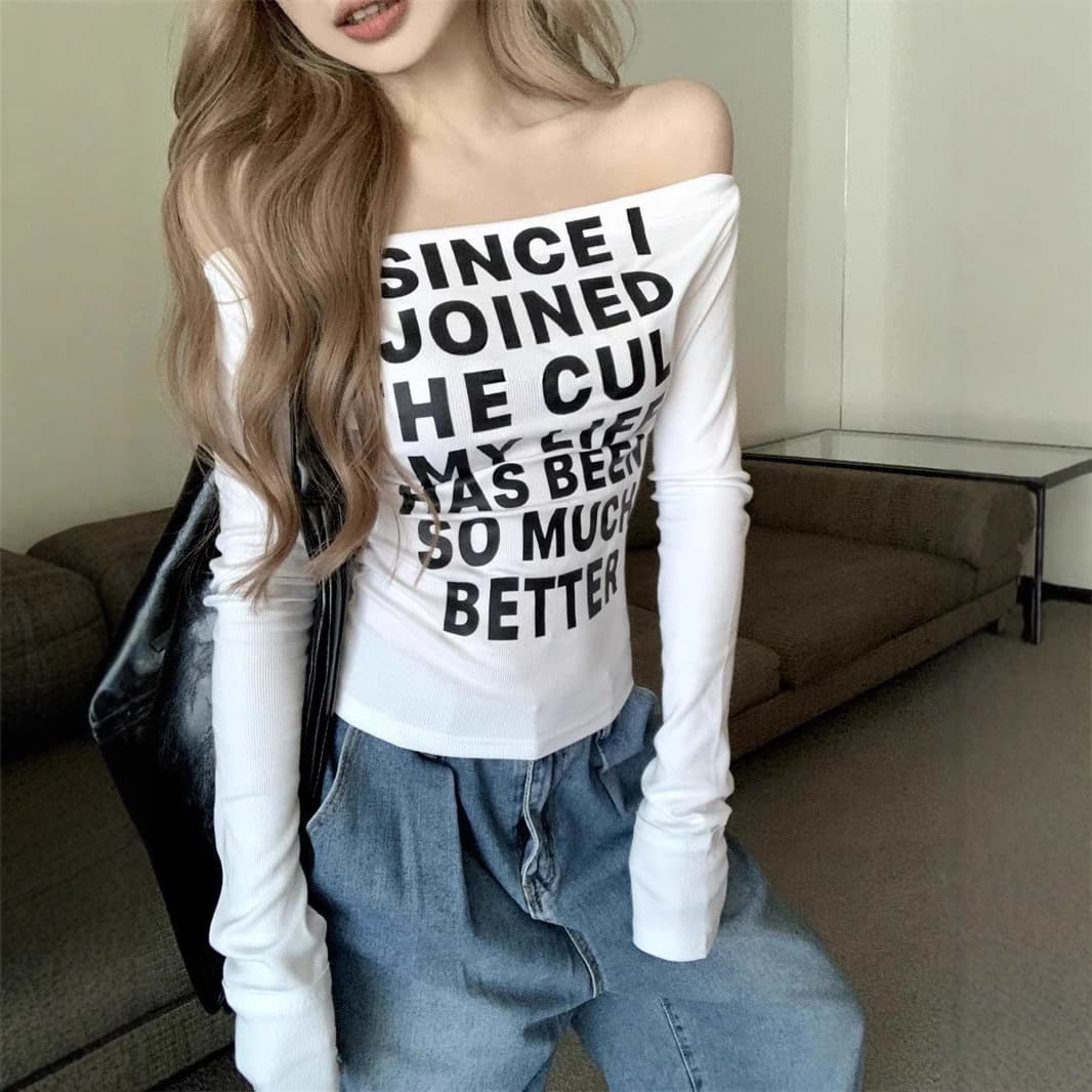 Slim Fit Long Sleeve Letter Print T-Shirt Women's Autumn American Hot Girl Shoulder Bared Black Short Style One-Shoulder Top