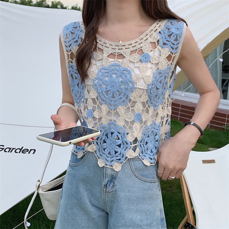 Crochet Lace Knit Vest Women's Top Embroidered Loose Fit Sleeveless Cover-Up Summer Cool Style