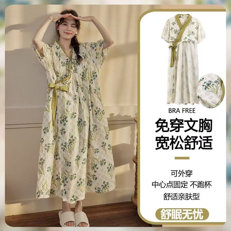 Cloud Cotton Lace-Up Nightgown Women's Summer Sweet Style Short-Sleeved Nightgown Kimono Mid-Length Pajamas with Chest Pad Home Clothes