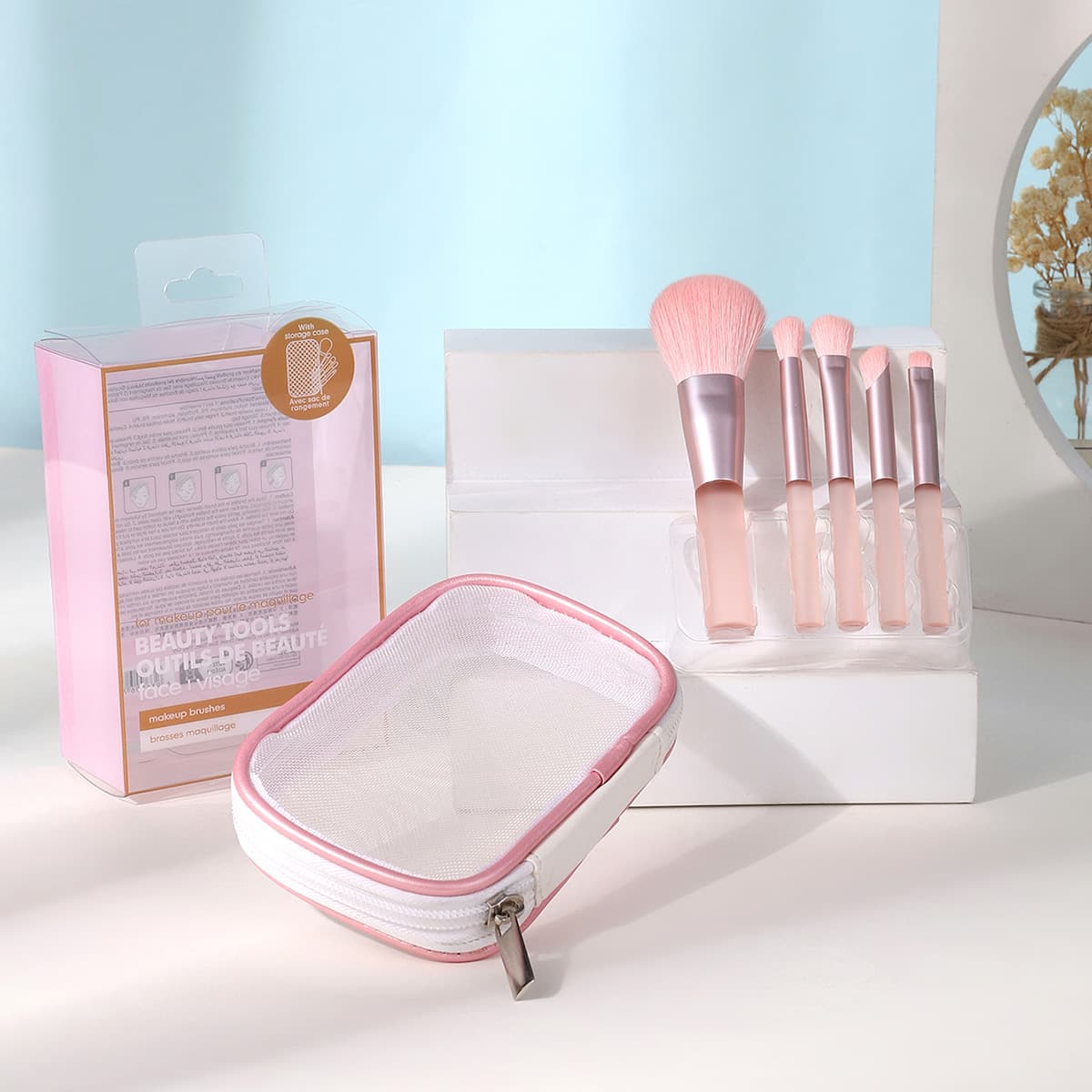 5-Piece Makeup Brush Set with Mesh Bag, Quick-Dry, Ultra-Soft Eyeshadow, Powder, and Eyebrow Brushes