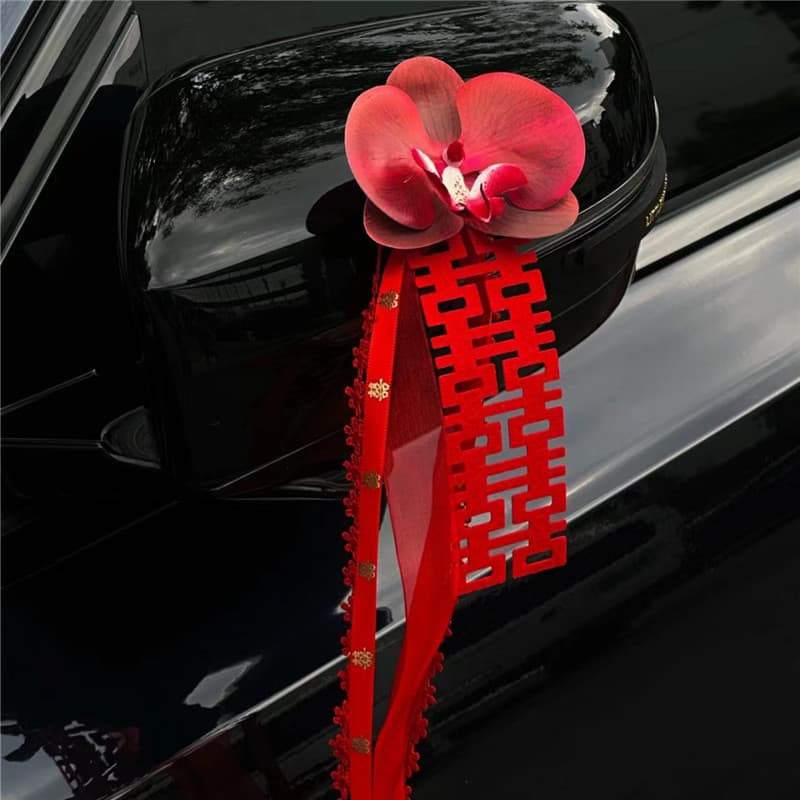 Wedding Fleet Decor: Rearview Mirror/Door Handle Phalaenopsis Simulation Flowers & Streamers