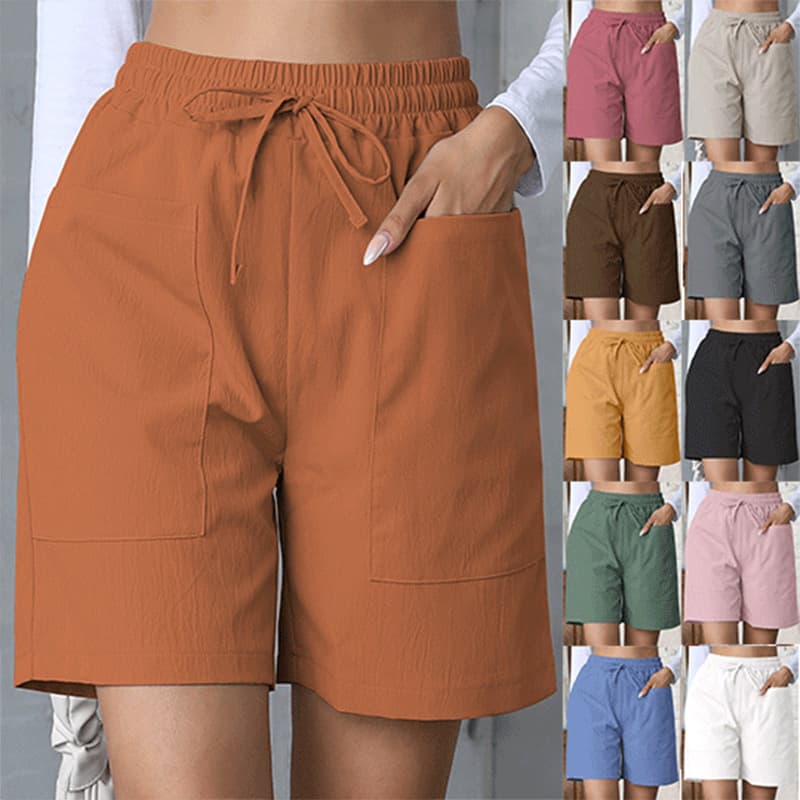 2025 European and American Cross-border Summer New Loose Linen Casual Shorts Pocket Solid Color Plus Size High Waist Wide Leg Pants Women