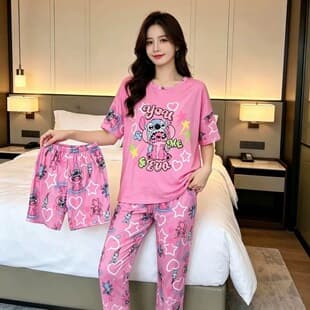 Cross-border Southeast Asia Pajama Set 3-Piece Milk Silk Short Sleeve Long Pants Printed Cartoon Pattern Women's Homewear Sleepwear