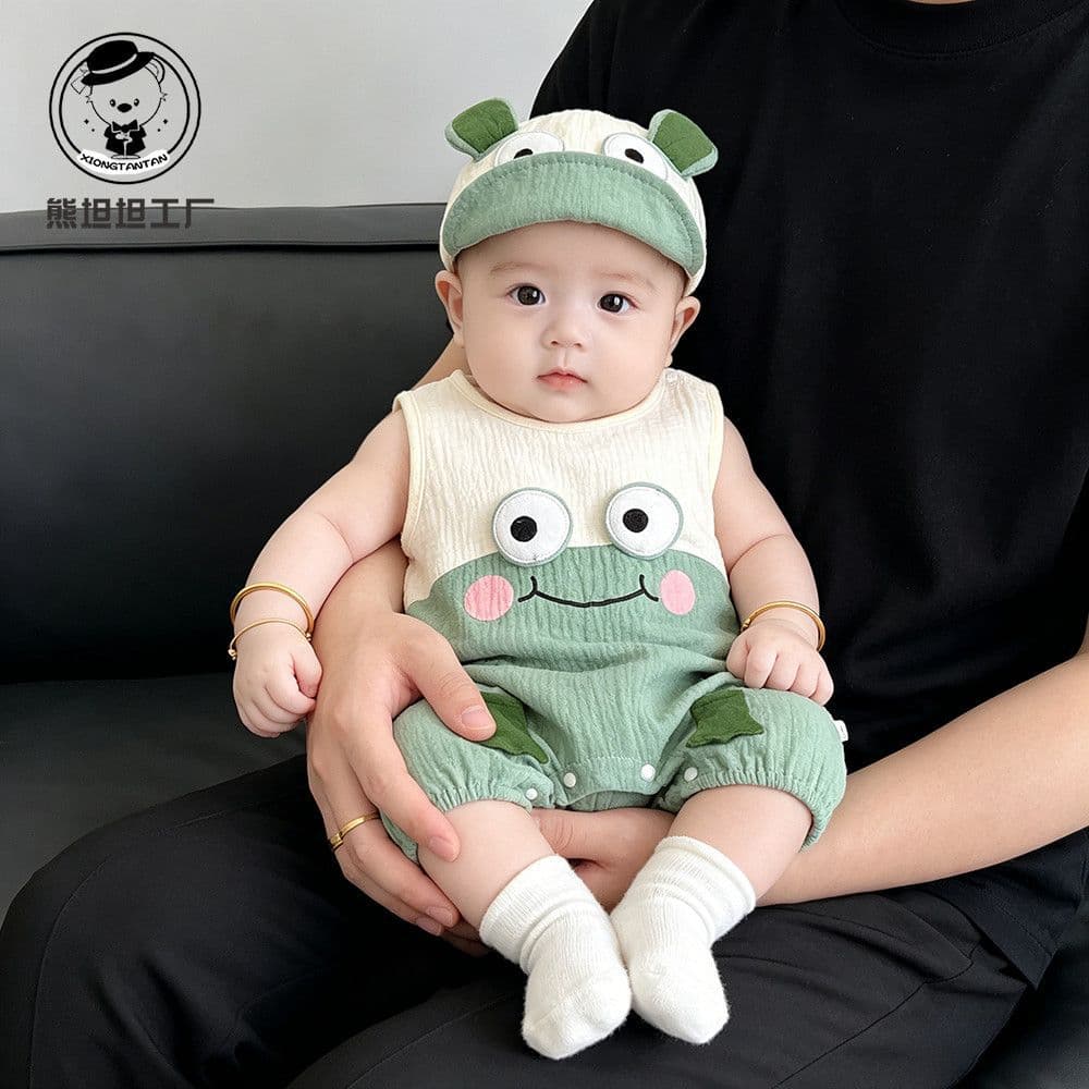 Baby sleeveless jumpsuit, summer thin baby gauze romper, cartoon crawling suit, super cute summer clothes, air-conditioning suit
