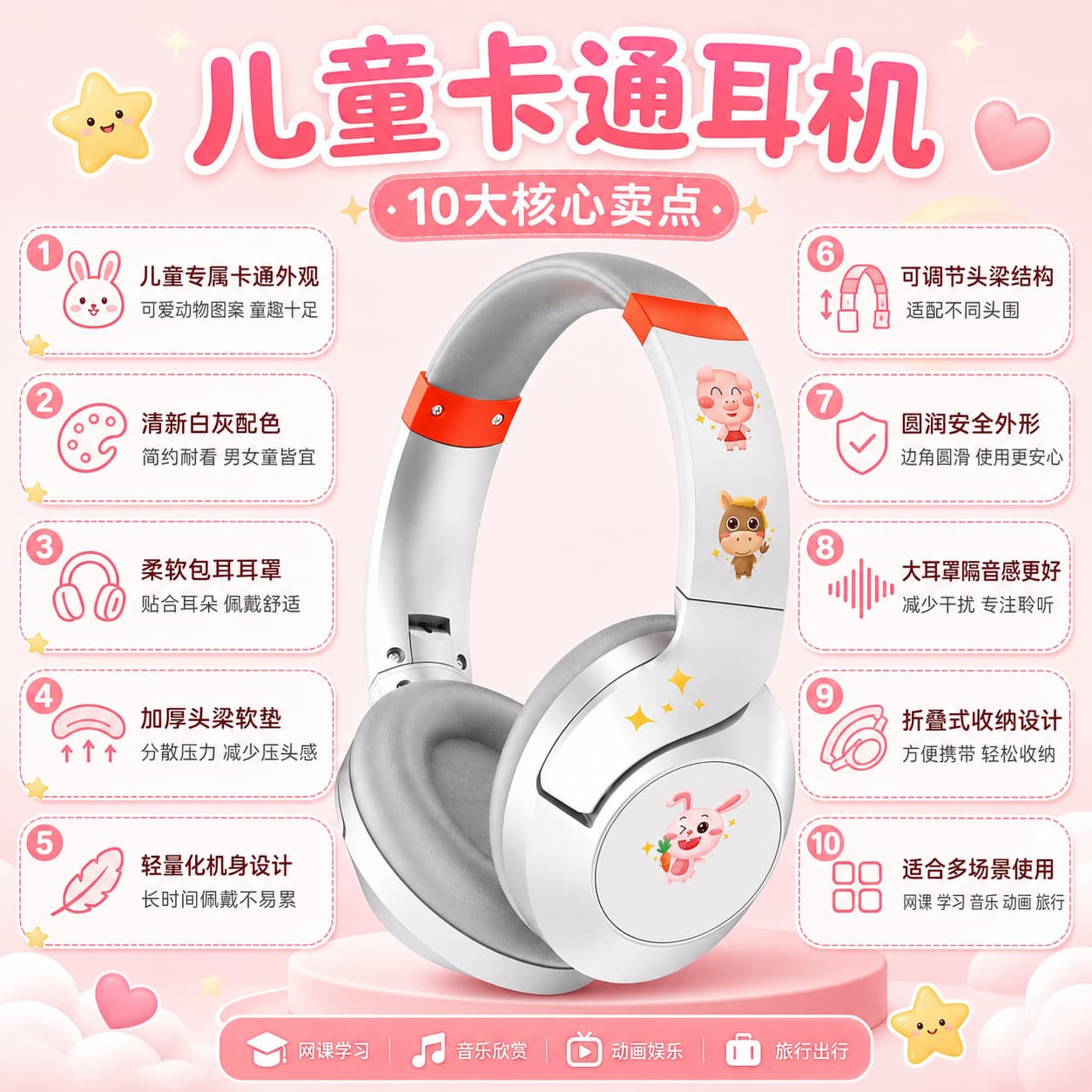 Children's Headphones, Creative Cat-Ear Headphones for Students, Macaron Wireless Earphones, Computer Headphones and Headsets