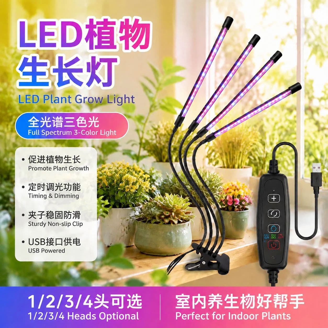 Cross-border LED Plant Grow Light USB Dimming Timer Clip Full Spectrum Supplement Light for Succulents