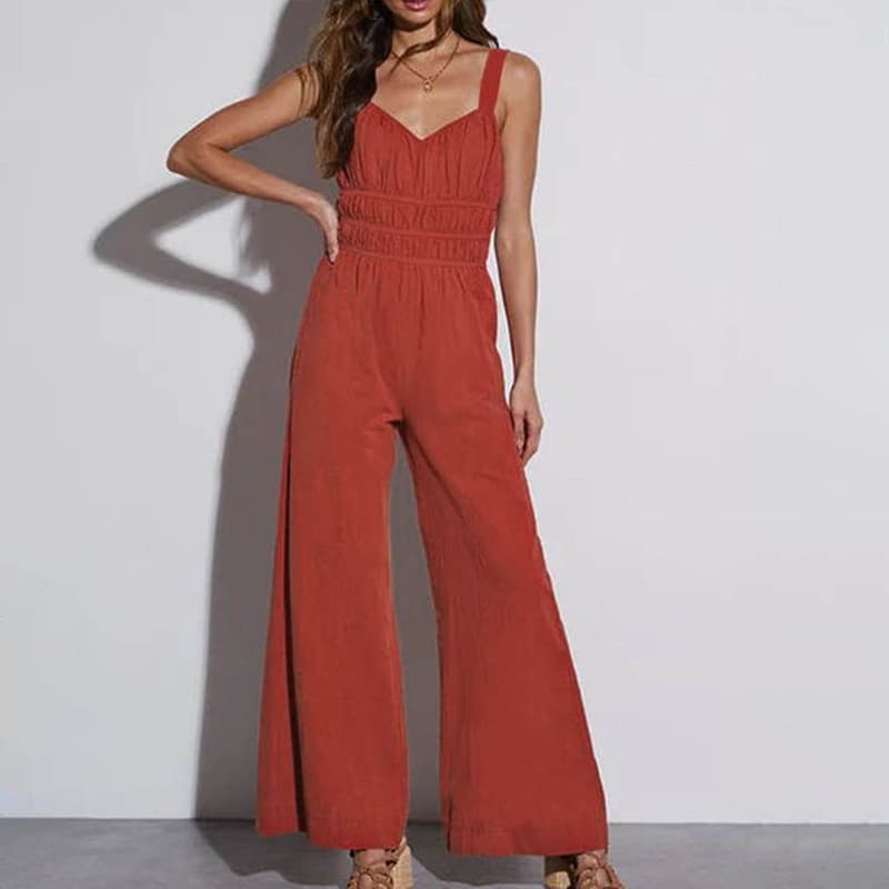 [Baifenzhiyi] 2025 new European and American summer jumpsuits cross-border spaghetti straps solid color trumpet jumpsuits