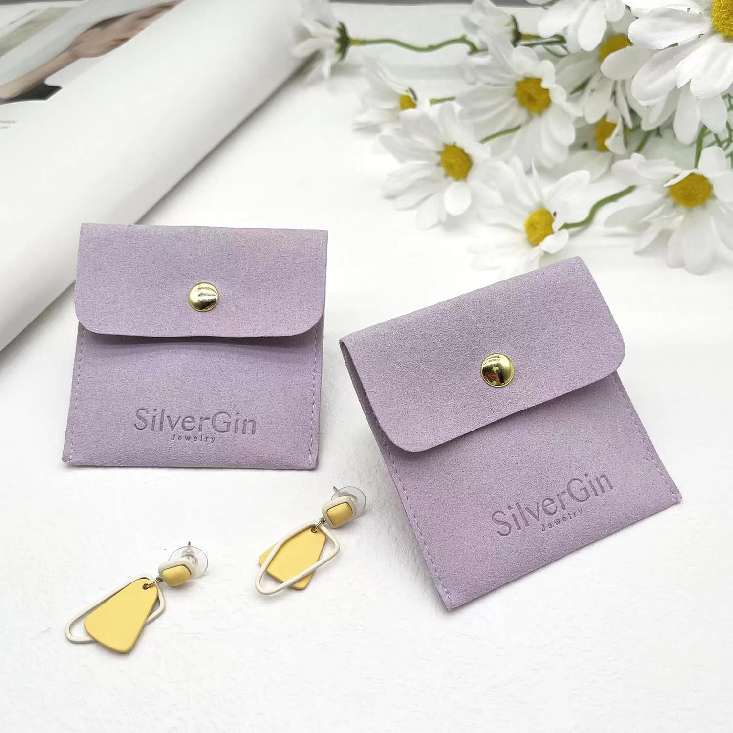 New purple genuine microfiber decorative bag, earring stud necklace ring storage bag, envelope snap bag with logo printing.