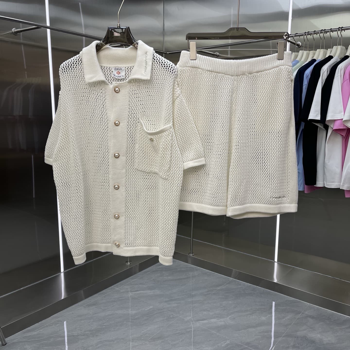 Europe and America Foreign Trade Casa Casablanca Knit Sweater Short Sleeve Jacquard Cardigan Polo Shirt Couple Shorts Set