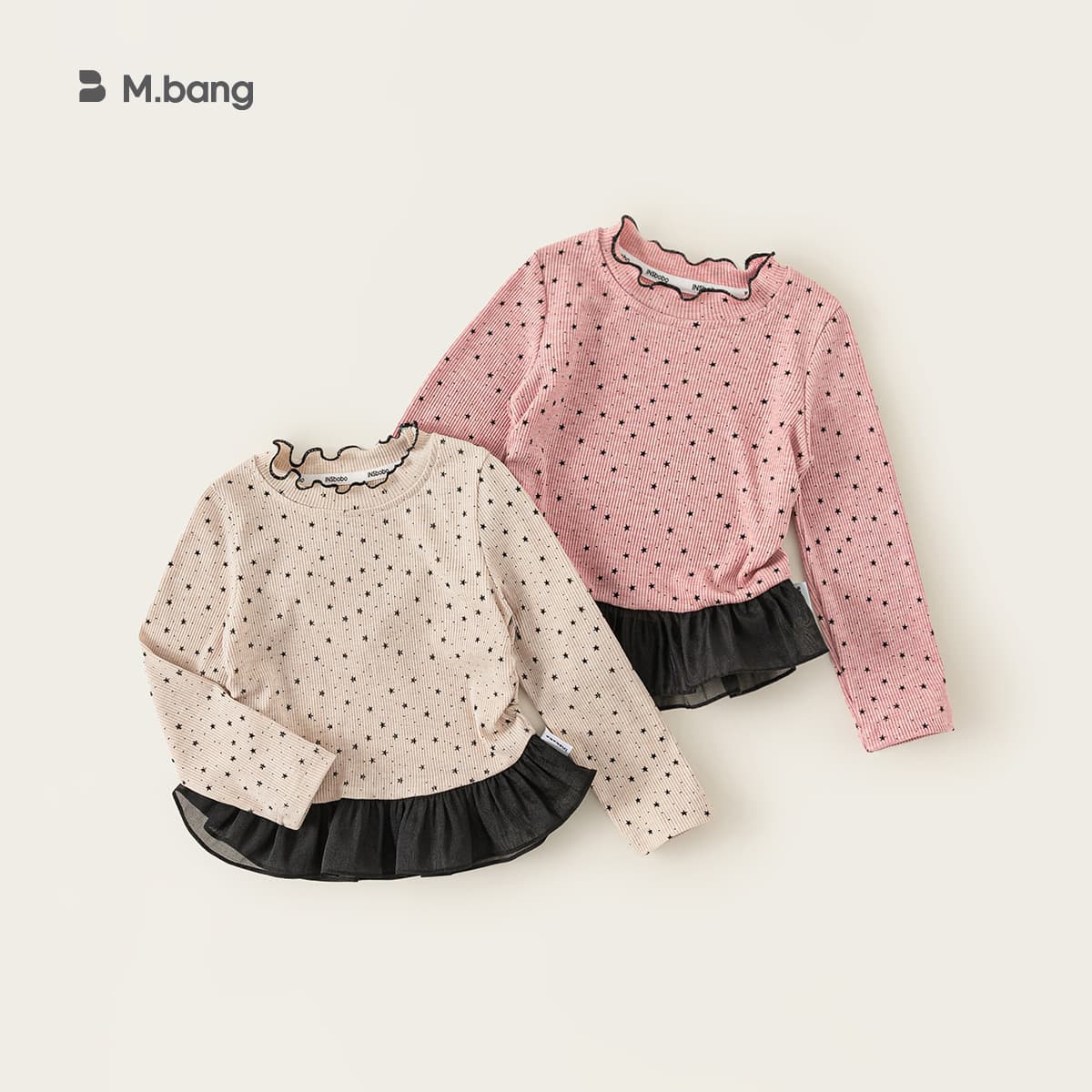 Youbao children's clothing, girls' T-shirts, ruffled children's tops, star children's autumn clothing, mesh stitching, baby clothes, trendy