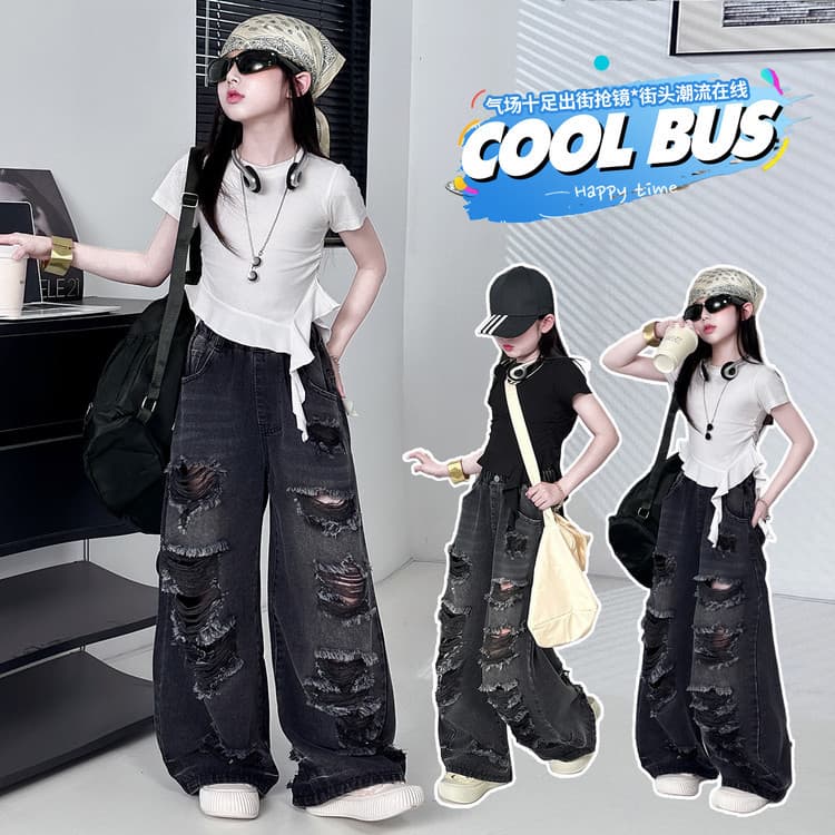Girls American retro ripped jeans 2026 summer new children's design slimming wide-leg floor-length trousers