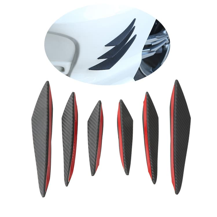 Universal car body kit with 6-piece canards, carbon fiber textured canards for front bumper aerodynamic modification.
