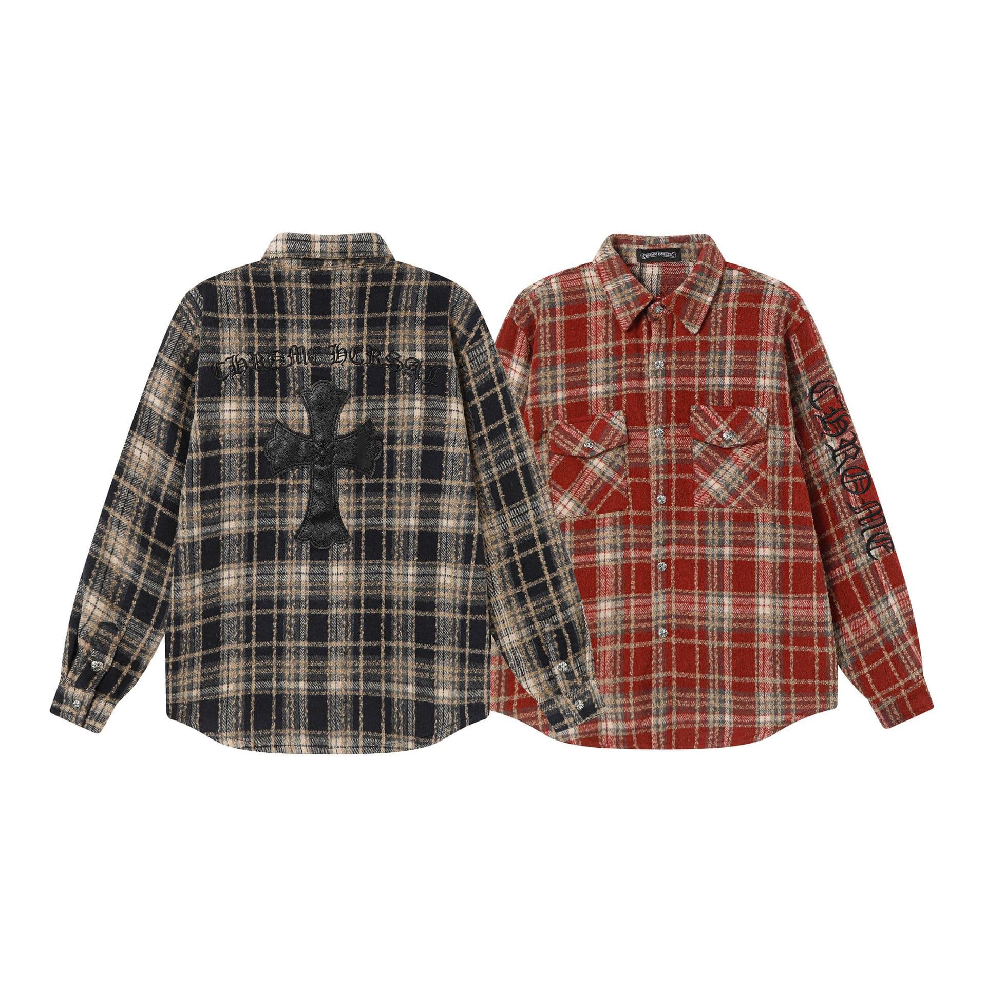 25 New CH Crowe Sanskrit embroidered leather cross wool plaid long-sleeved shirt for men and women