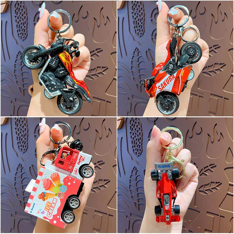 Creative and cool motorcycle key chain pendant mini children's pull back toy car school bag key chain small gift wholesale