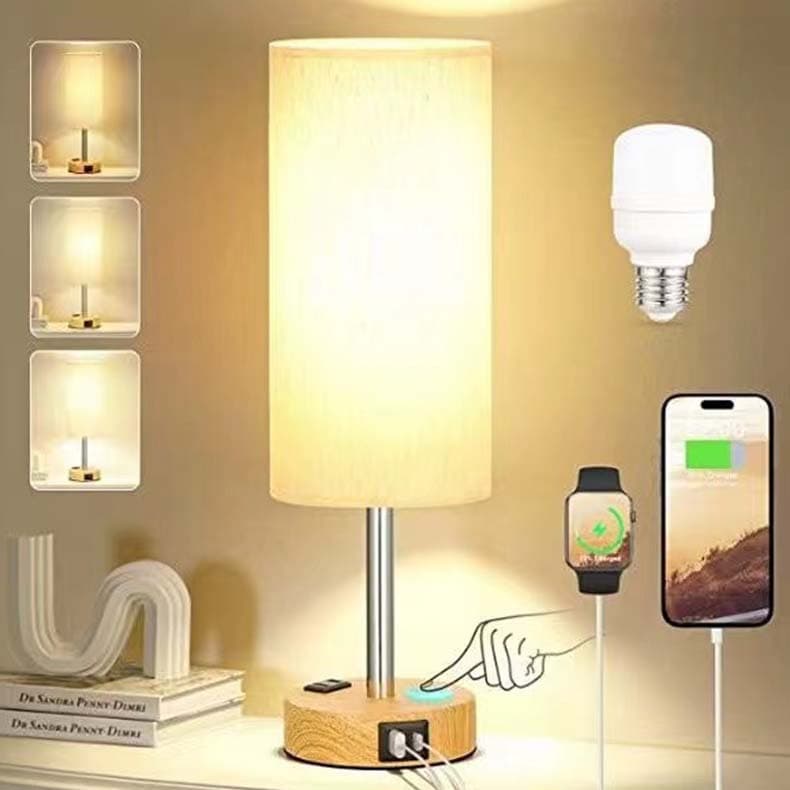 Amazon Quick Sale USB Mobile Charging Wood Grain Iron Base Fabric Touch Dimming Table Lamp Night Light