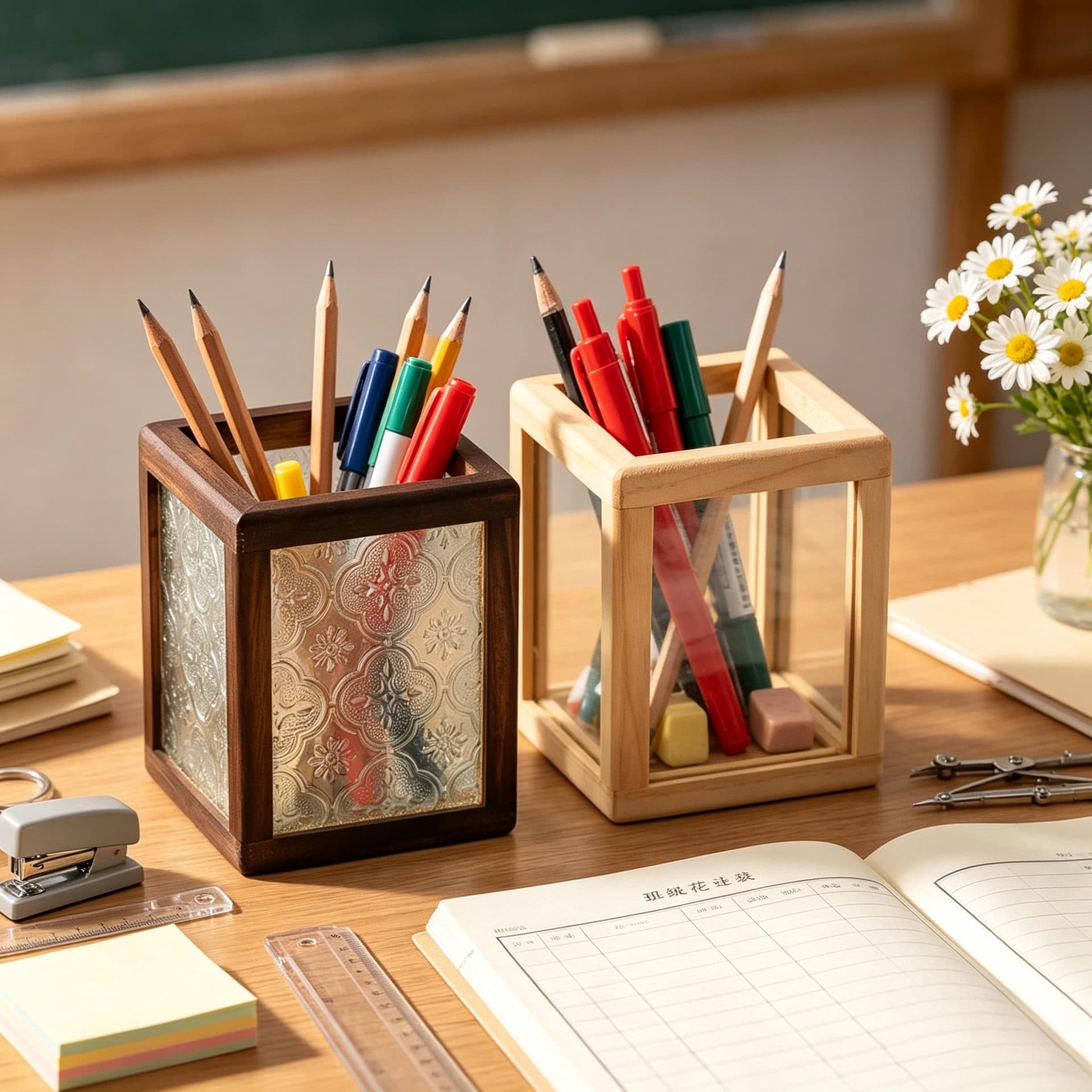 Retro solid wood Begonia flower glass pen holder large capacity square stationery storage box Teacher's Day gift back to school gift