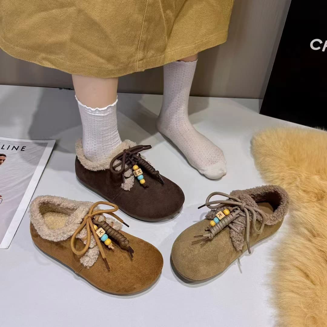 Soft Sole Pinecone Toast Birkenstock Shoes for Women, 2025 Winter New Style Plush Lined Ballet Flats Slip-On Thick Sole Cotton Shoes Snow Boots