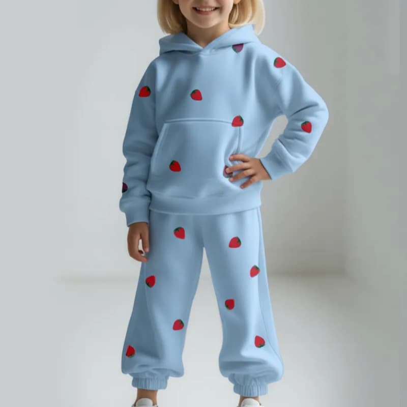 Children's Strawberry Print Hoodie Set 2026 Autumn/Winter New Girls Sweet Hoodie Sweatshirt and Pants Two-Piece Set