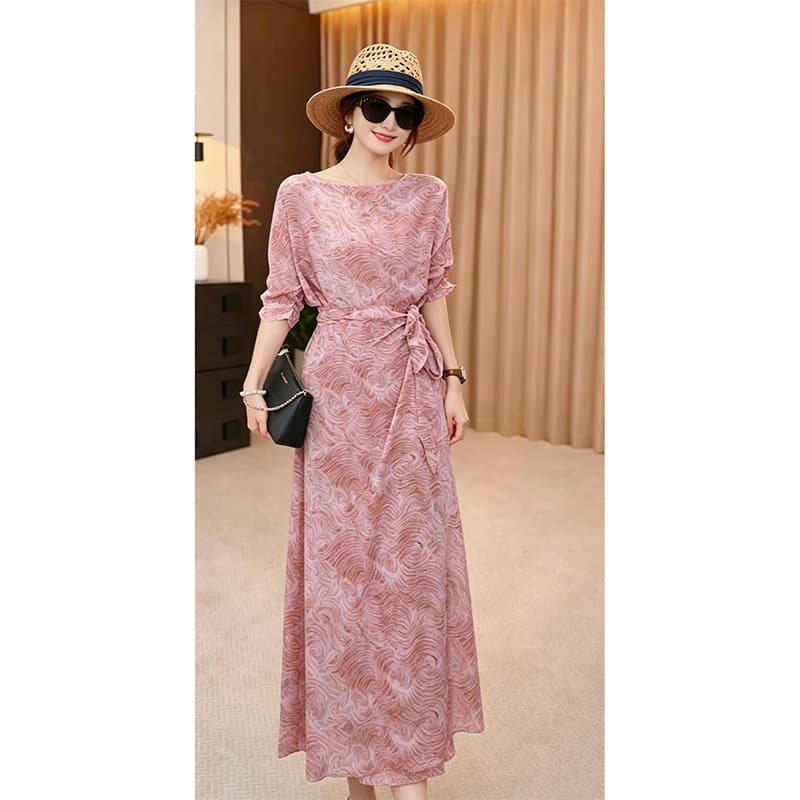 Fashion Plus Size French Printed Waist Cinching Dress Women Fat mm Summer Elegant Graceful Pink Long Dress 2695