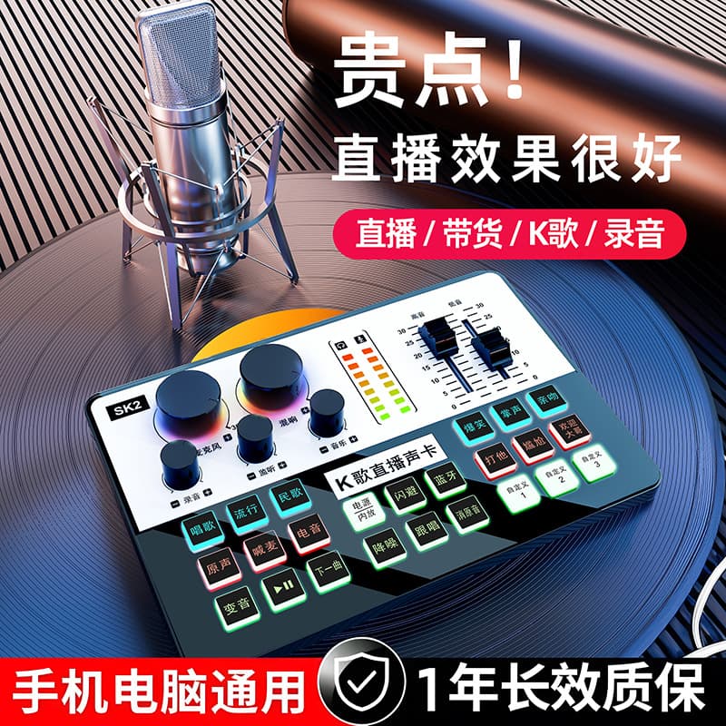 SK2 Single Sound Card for Live Streaming, Microphone for Karaoke, Recording, and Singing, Built-in High-Quality Sound Card