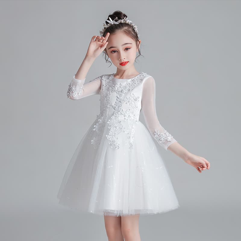 Girls Princess Dress Mesh Sleeve Puff Dress Flower Girl Wedding Host Piano Performance Dress Fashionable