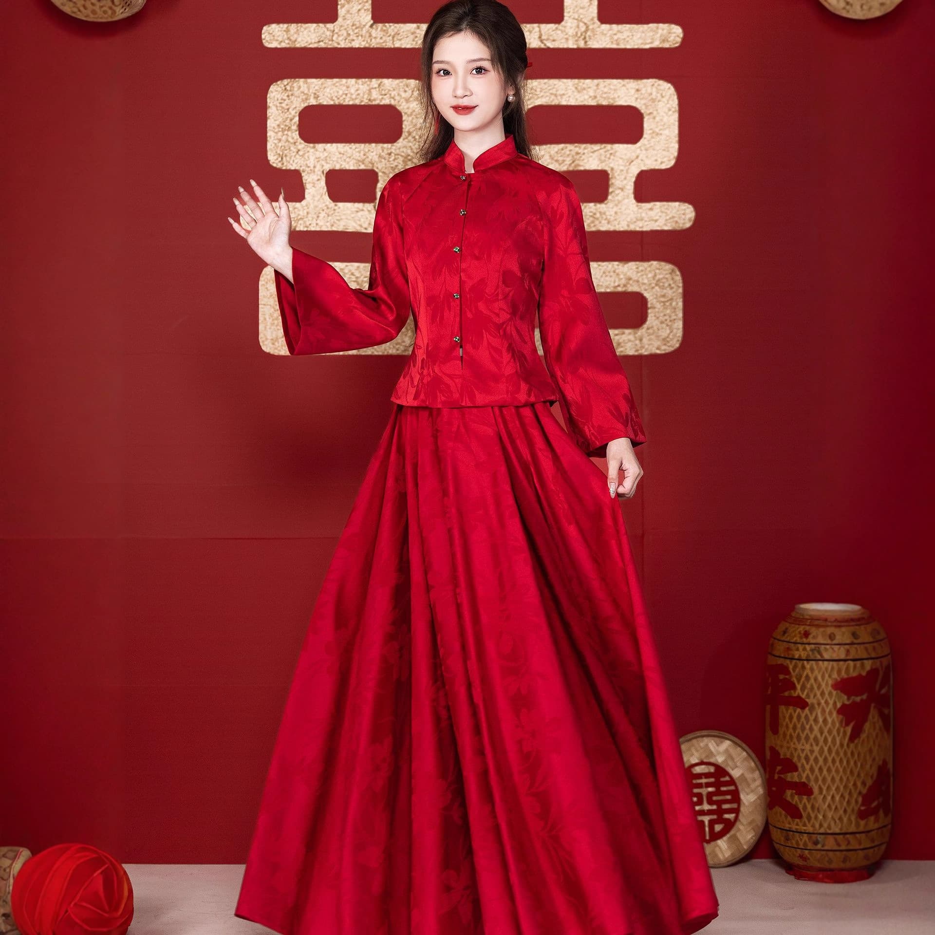 2026 New Chinese-Style Wedding Toast Dress Set, Slimming Red Dress for Bride's Wedding and Homecoming