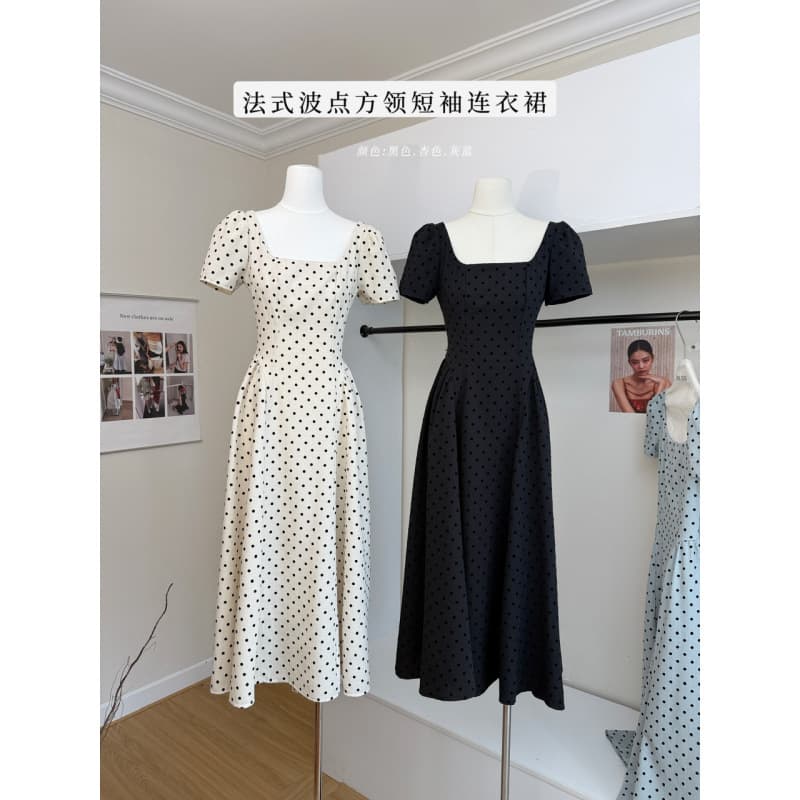 Polka Dot Overture French Polka Dot Short Sleeve Dress Women's Summer Temperament Square Neck Long Skirt Dress