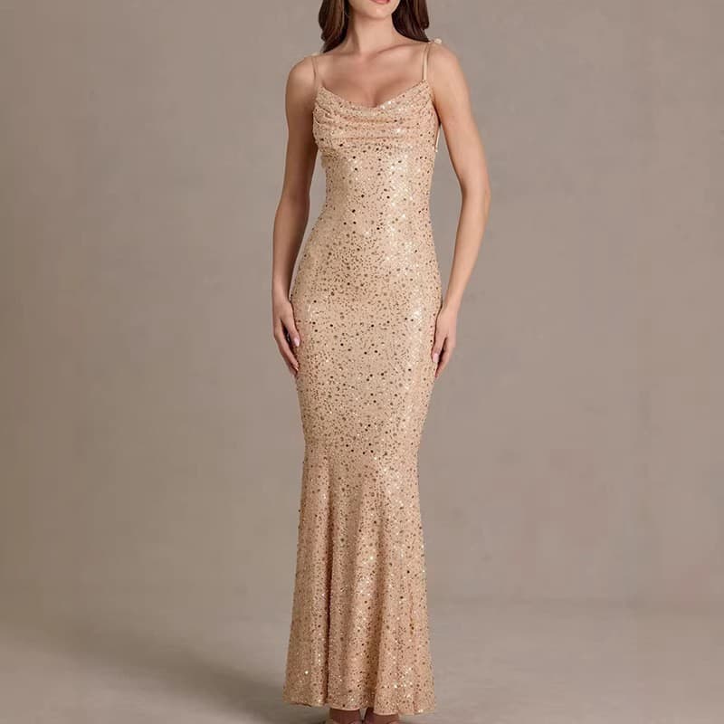 2026 European and American cross-border celebrity style dress sequin bead tube suspender fishtail dress dinner party backless slim long dress