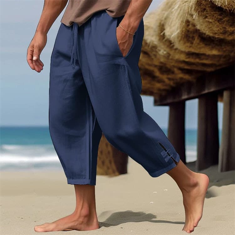 Spot cross-border linen pants European size men's summer waist drawstring pocket cotton and linen nine-point pants yoga pants for men and women