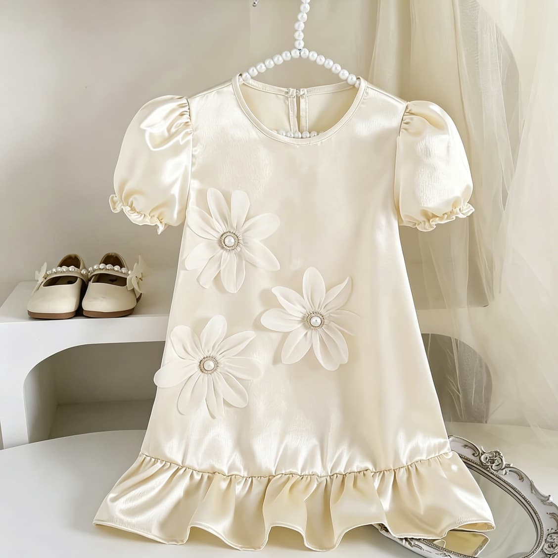 Young Girls Clothes 4-7Y Little Girl Summer 3D Flower Puff Sleeve Satin Dress