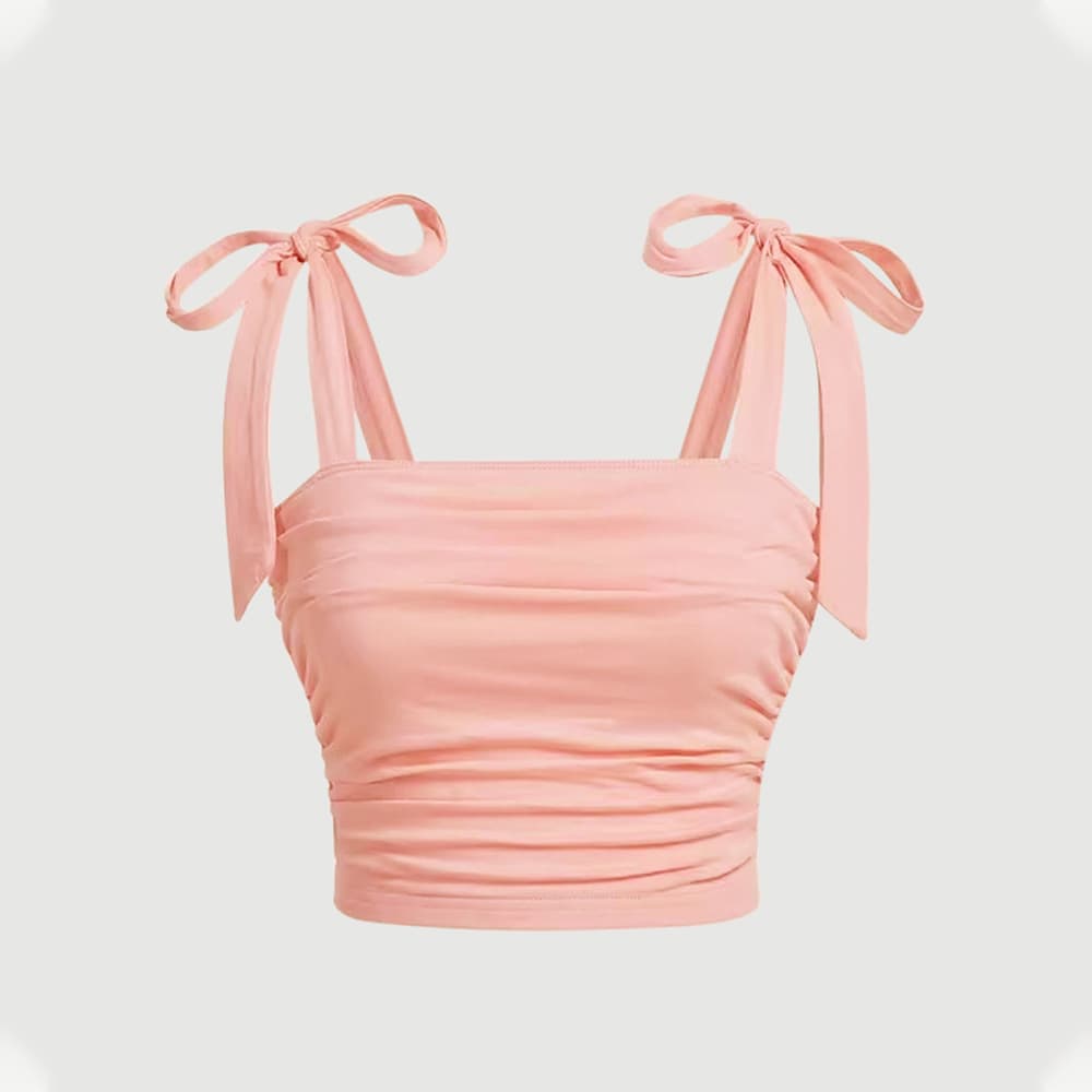 Amazon European and American Sweet Style Pink Bow Tie Ruched Crop Top Vest Slim Fit Short Camisole for Women
