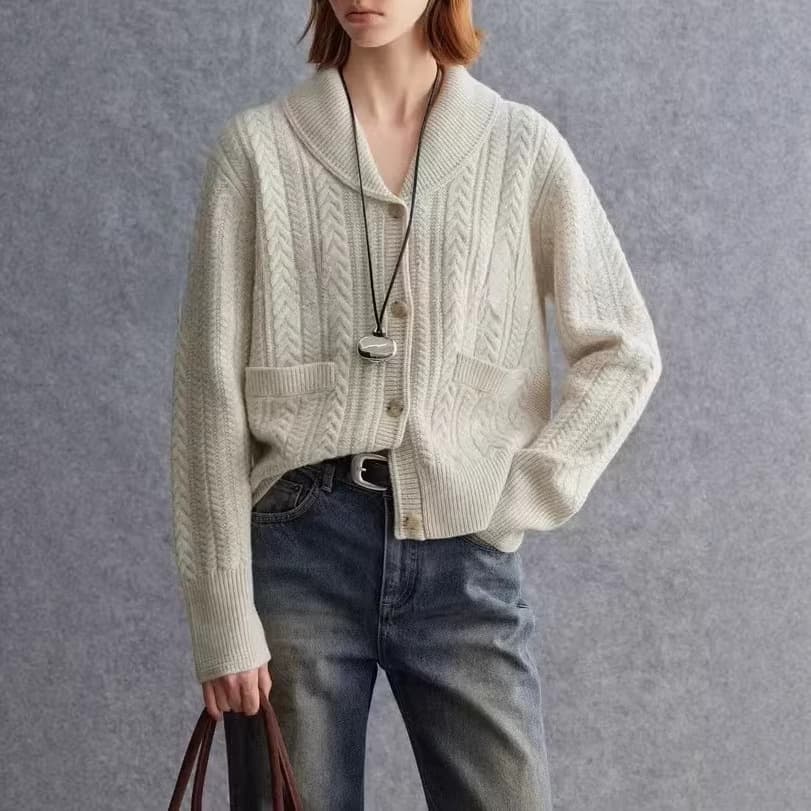 Fashionable and Elegant Style!!! Cashmere Cardigan for Women, Thick Cable Knit Sweater, Shawl Collar with Pockets, Knitted Coat