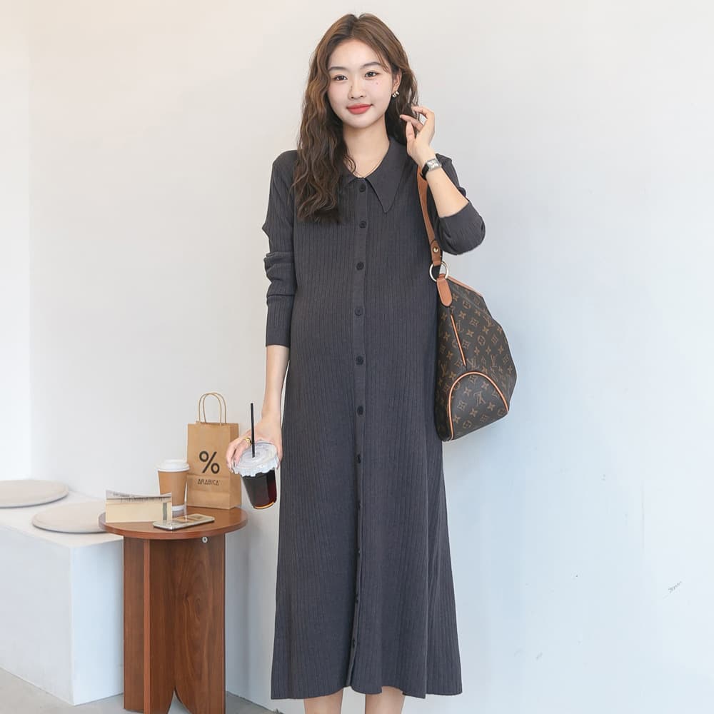Autumn New Maternity Wear Korean Fashion Notched Ribbed Knit Dress, Stretchy Slimming Cardigan Dress Trendy