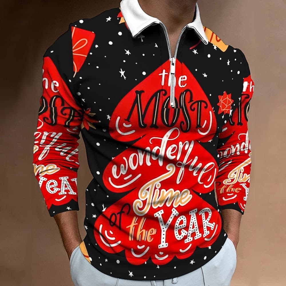 Cross-Border Men's Zip Polo Shirt Christmas Style Turn-Down Collar Casual Long Sleeve Men's Polo Top