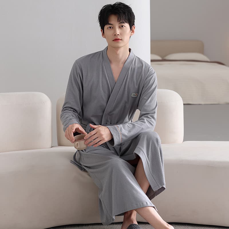 Waffle Robe for Men Spring Autumn Cotton Long Sleeve Bathrobe Men's Quick Dry Absorbent Robe Sleepwear Homewear