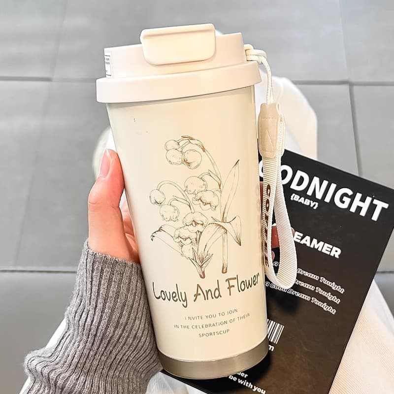 High Appearance Lily of the Valley Coffee Cup 316 Stainless Steel Insulated Mug Portable Handle Coffee Cup Dual-Drink Student Water Cup